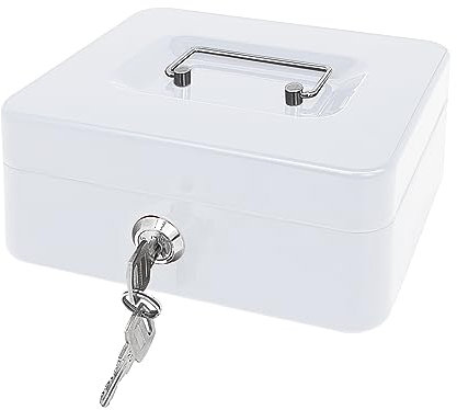 Geldkassette aus Stahl mit Schlüsselschloss, kleiner Geldorganizer aus Metall mit Geldablage, Geldaufbewahrungsbox mit abschließbarer Abdeckung (weiß, 20 x 16 x 8,5 cm)