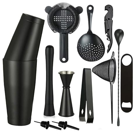 Cocktail Shaker Set - 13-Piece Bar Accessories Kit w/Weighted Boston Shaker, Strainer, Jigger, Muddler,Mixing Spoon and More - Home Bartending Tools, Accessories for Bartender, Matte Black