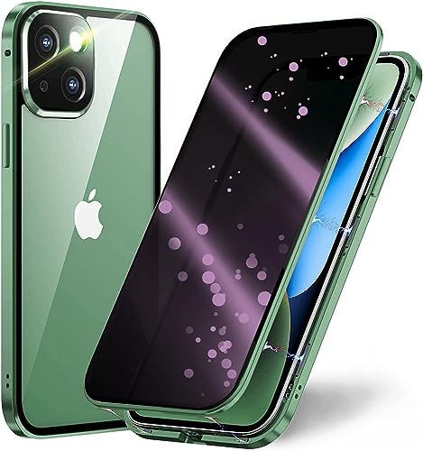 Privacy Case for iPhone 13 Mini Double-sided Cover,360 Full Body Protection Built-in Anti-peeping Screen and Camera Protector Metal Bumper Front and Back Tempered Glass Anti-Spy Case,Clear Green