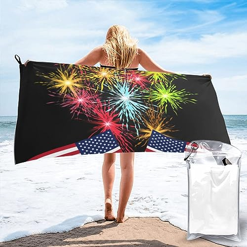 VANANI Unabhängigkeitstag Amerika Flagge Feuerwerk gedruckt ultrafeine Faser schnell trocknendes Strandtuch ist saugfähig, faltbar und leicht zu tragen, geeignet für Reisen, Schwimmen und Urlaub.