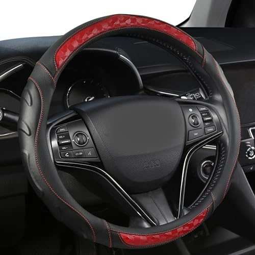 Black Panther Maßgeschneiderte Lenkradabdeckung für Volkswagen, Toyota, Mercedes, Peugeot, BMW, Renault, Audi, Ford, Skoda, Hyundai, Kia, Universal Passform 37-38cm (14.5-15)- Rot