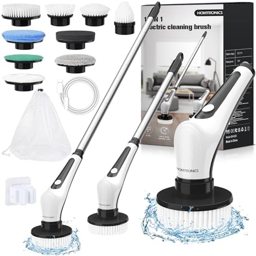Homtronics Electric Spin Scrubber, [New Version IPX8 Waterproof] Cordless Electric Cleaning Brush with 9 Brush Heads, 120cm Adjustable Handle Power Scrubber for Bathroom, Floor, Kitchen, Car (Black)