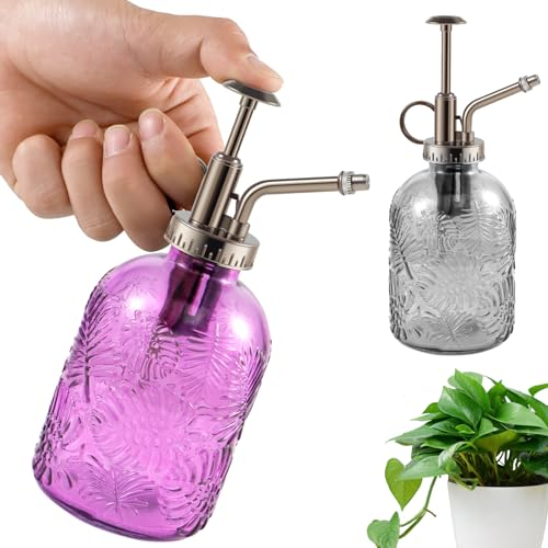 Fyeme 2 Stück Glas-sprühflasche Pflanzen Nebel Glas-pflanzen nebel-sprühflasche Handdruck-Sprühflasche 360ml mit feiner Nebel Ideal zum Gießen Kleiner Pflanzen Gartenarbeit (lila + grau)