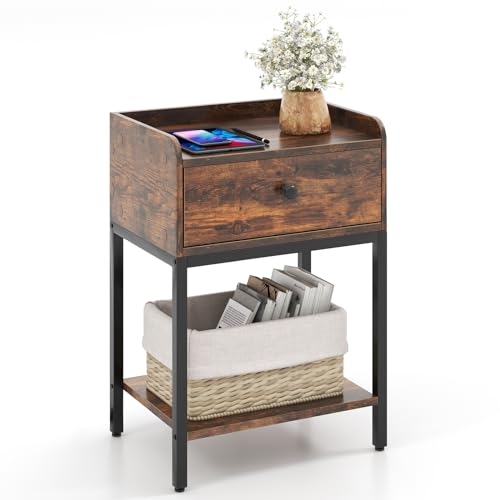 COSTWAY Nachttisch mit Schublade, Beistelltisch mit offener Ablage, Sofatisch mit verstellbaren Fußpolstern, Nachtschrank Boxspringbett für Schlafzimmer, Wohnzimmer, rustikales Braun, 42 x 30 x 60 cm
