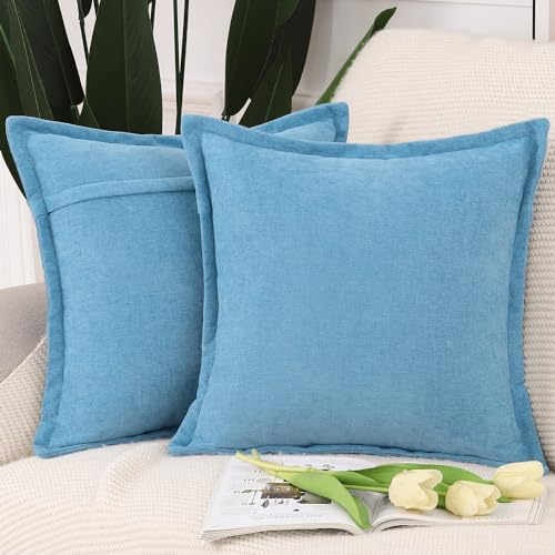Madizz 2er Set Fransen Chenille Schlicht Zierkissenbezüge Modern Kissenbezug Kissenhülle Sofakissen Lendenkissen für Sofa Schlafzimmer Blau 45x45 cm