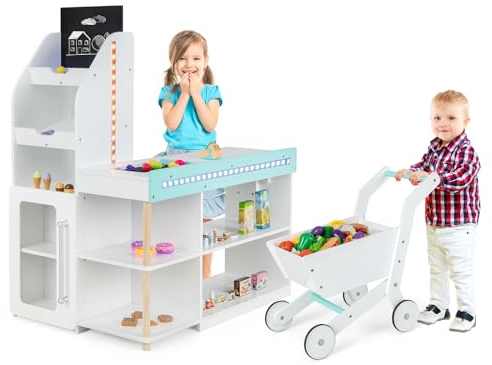 COSTWAY Kaufladen Kinder mit Einkaufswagen, Einkaufsladen Holz mit Kasse & 39 Zubehör & Tafel & LED-Lichter & Fernbedienung, Supermarkt Spielzeug für Kinder ab 3 Jahren