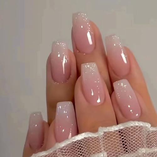 Boloshine 24 Pcs False Nails Medium Length, Glossy Pink & Milky Ballerina Press on Nails, Acrylic Stick on Nails Full Cover Fake Nails Women Girls Nail Art Accessories