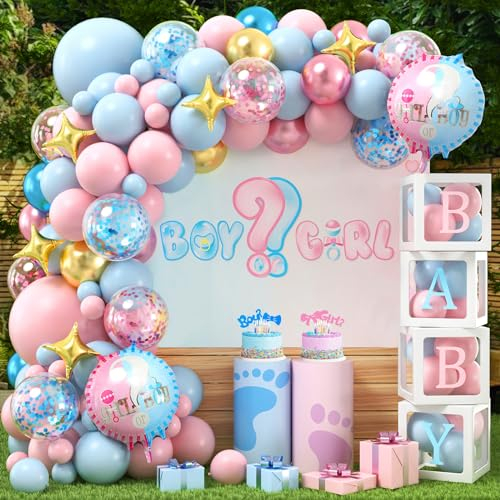 vamei 122Stk Gender Reveal Party Deko Babyparty Deko mit Ballonbox Luftballon Girlande Blau Rosa Boy or Girl Gender Reveal Ballon Baby Boxen Baby Shower Deko