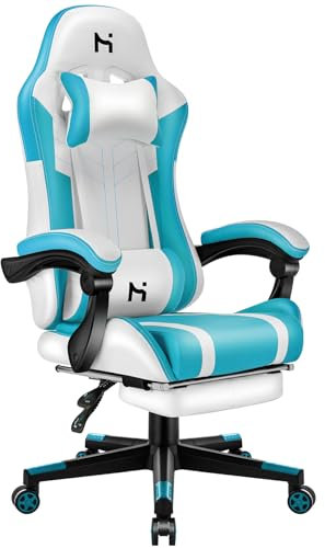 Precision Synergie Gaming Chair, Ergonomic Computer Chair with Footrest, Height Adjustable Office Chair for Adults with 360° Swivel Headrest and Lumbar Support for Gaming or Office, White-Blue