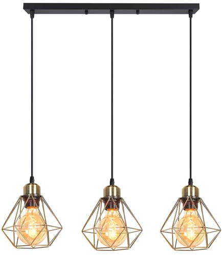 iDEGU 3 Luces Lámpara Colgante Vintage Industrial Iluminación Colgante E27 de Metal Retro Pantalla Diseño Jaula 16cm Luz Colgante Retro Lámpara de Techo para Comedor Cocina Salón Cafetería (Bronce)