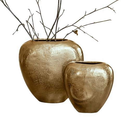 Loberon Vase 2er Set Cezelle, Champagner | Zwei Größen, Ovale Form, Einzigartige Strukturoberfläche, Elegantes Design, Blumenvase, Dekoration, Aluminiumguss