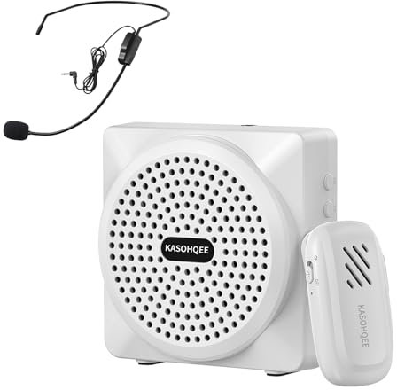 KASOHQEE 2-in-1 Voice Amplifier with Wireless Lavalier Microphone,Wired Microphone Headset,Omnidirectional Condenser Recording Mic for Teacher, Streaming,Classroom,Speech,ect (White)
