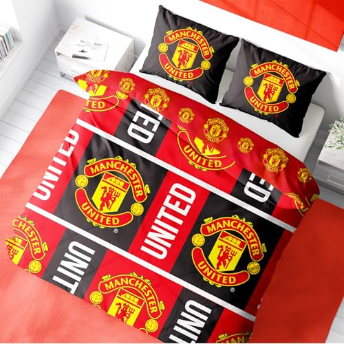 Character World Manchester United Double Duvet Cover Set, Trafford Design | Red Reversible 2 Sided Football Bedding Cover Official Merchandise Including Matching Pillow Cases