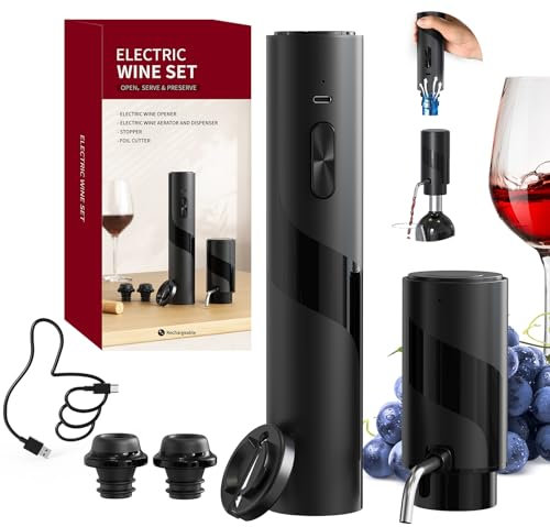 CIRCLE JOY Tire Bouchon Électrique, Décapsuleur rechargeable avec Coupe-capsule, Aérateur de vin et Verseur Électrique 2-en-1 et 2 Bouchons à vide, Câble USB
