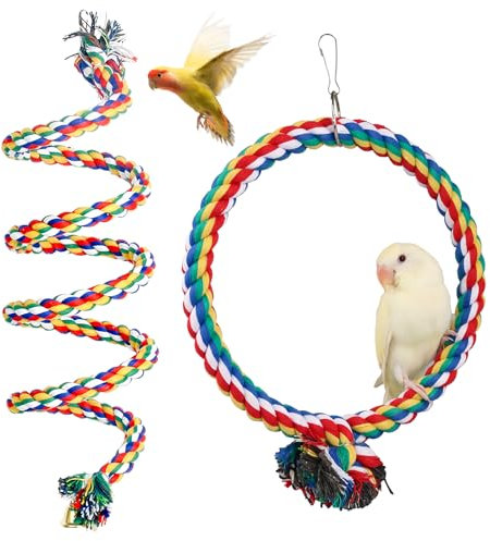 WIYETY 2 Stück Vogel Kletterseil: 150cm Papagei Bunte Spirale Baumwollseil, Durchmesser 18cm Papagei Spielzeug Kreis Ring Schaukel, Kletterseil für Wellensittiche, Nymphensittiche und Alle Vögel