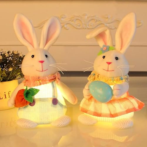 Skeadex 2 Stück Osterdeko Hase Figuren, Ostern Deko Hase Figuren mit LED-licht LED Osterhasen Deko Osterdeko Tisch Beleuchteter Hase Wichtel Ostern Figuren Batterien für Garten Fenster Tisch Deko