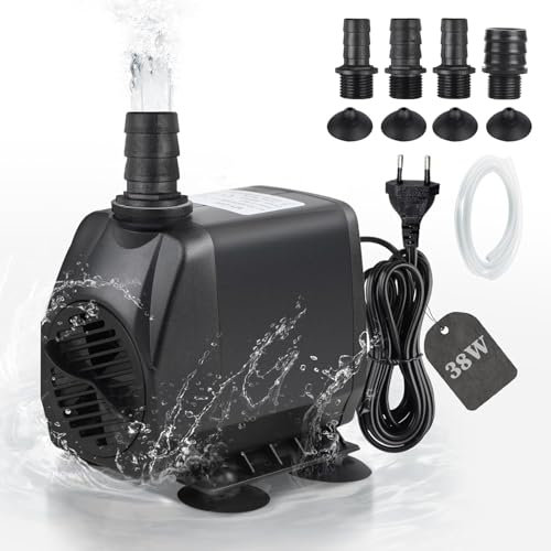 Bomba Sumergible Aguas Sucias max. 2000L/H 38W 220V Bomba Fuente Exterior Bomba Estanque Bomba Achique Aguas Pequeña para belenismo rios medianos/grandes, con 1 Manguera 4 Boquillas
