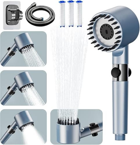 Pommeau de Douche Haute Pression, Pommeau Douche Economie Deau 4 Types de Jets Pommeau de Douche Anti Calcaire avec Tuyau Douche 1.5M et Support de Douche, avec Bouton D'arrêt D'eau, Bleu