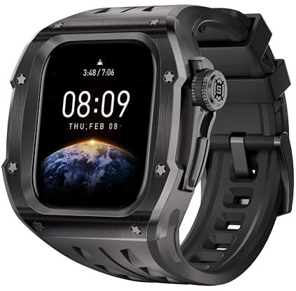 XMKT Correa de caja Mod Set de acero inoxidable, para Apple Watch Series 10, 46mm, Kit de modificación deportiva de goma, reemplazo de banda de cubierta(Black Black)