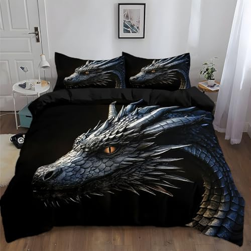 Srigzcaly Bettwäsche 135x200 cm Schwarz, Bettwäsche-Set Fantasie Kunst Silberne Schuppen Drache Anime, Microfaser Bettbezug bügelfrei & weich - Wendebettwäsche und Kissenbezug mit Reißverschluss