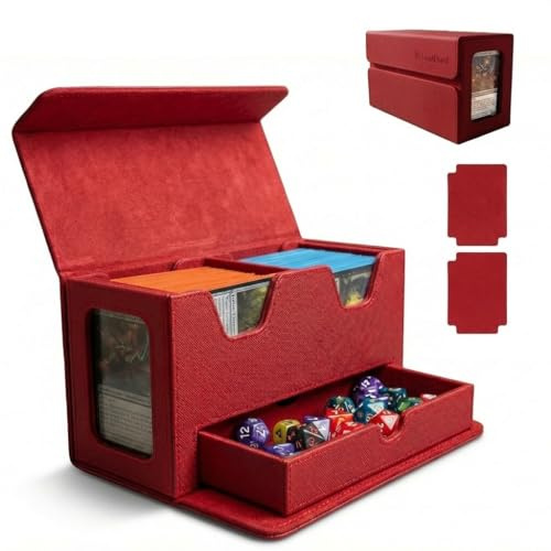DeckDwell Double Deck Box MTG Commander 200+ Cards with Dice Tray Red | Dual display for quick ID. Durable PU leather, soft lining. Holds 200+ cards, includes dice tray, perfect for TCG.