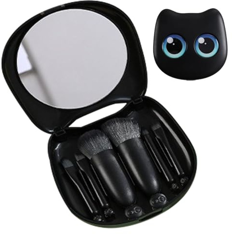 6 Stück Reise Pinselset Makeup, Tragbar Mini Make Up Pinsel Set Mit Spiegel, Cute Schwarze Katze Tasche Schminkpinsel Set Für Reise, Flugzeug, Draußen