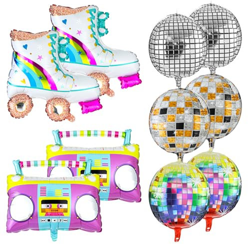 10 PCS Roller Skate Balloon Set 22 Inch Disco Ball Balloons Color Foil Boombox Balloon 80s 90s Retro Balloons for Disco Theme Hip Hop Birthday Party