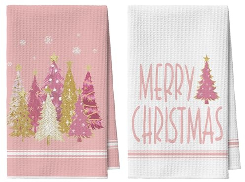 Artoid Mode Rosa Kiefern Sterne Schneeflocken Weihnachten Küchentücher Geschirrtücher, 42x65 cm Merry Xmas Mikrofaser Saugfähig Küchen Deko 2er Set