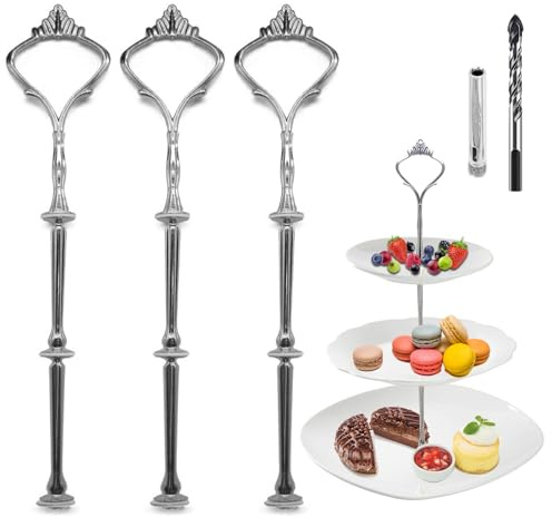 Trsnzul Etageren Stangen Set, Silber Bausatz Etagen Etageren Stäbe Etagere Bausatz Stange Metallstangen für Etagere (mit Bohrer, Krone, Silber, 3 Pack)