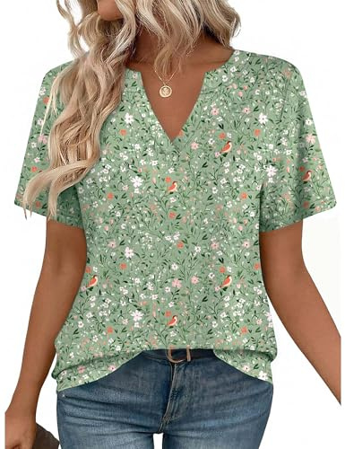 Zeagoo Cute Short Sleeve Tops for Women Casual V Neck T Shirts Blouses Business Work Outfits Green Flowers XL