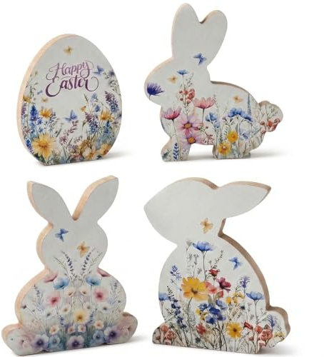 4 Stück Osterhase Figuren Set, Osterdeko aus Holz mit Blumen, Ostern Deko Aufsteller modern, Tischdeko Frühling für Wohnung, Ostergeschenke für Junge Mädchen, Dekoration Wohnzimmer Küche