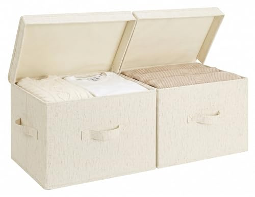 StorageWorks Aufbewahrungsbox Stoff mit Deckel, Kisten Aufbewahrung mit Deckel groß, Langlebig Aufbewahrungskörbe mit Griffen, Faltbare Aufbewahrungsboxen für Kleidung, beige, 2 Stück