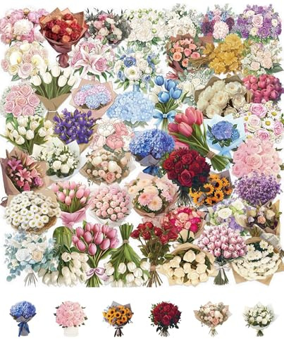 QLEUIFT 50 Stück Vintage Pflanzen Blumenstrauß Sticker Set, Wasserdichte Ästhetische Blumen Aufkleber für Scrapbook Tagebuch Kindle Hülle Laptop Trinkflasche Skateboard Geschenk Kinder Erwachsene