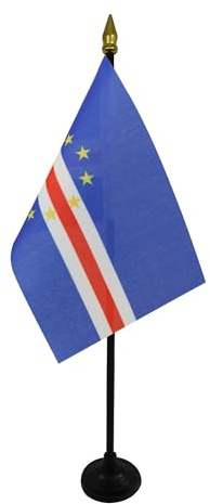 AZ FLAG Cape Verde Table Flag 15x10 cm 100D Polyester Plastic Base | Indoor use Cape Verdean 4x6 in desk flag Cabo Verde stitched finish with reinforced edges with plastic pole and gold finial