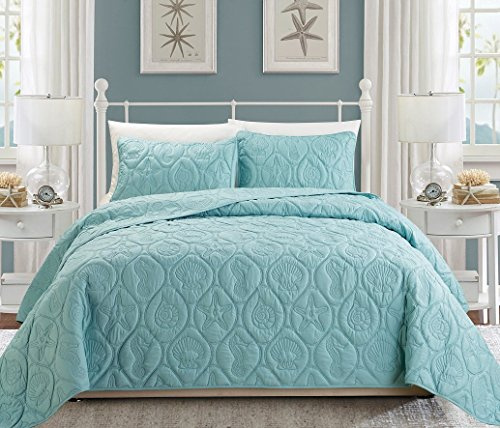 Grand Linen 3-Piece Tropical Coast Seashell Beach King Bedspread Blue Coverlet Embossed Bed Cover Set. Sea Shells, Sea Horse, Starfish etc.