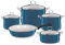 Riess, 0558-010, Emaille-Set 5-teilig, NOUVELLE, AQUAMARIN EXTRA STARK, bestehend aus: Fleischtopf mit Glasdeckel 16, 20, 24 cm, Kasserolle mit Glasdeckel20 cm, Emaille Pfanne 28 cm