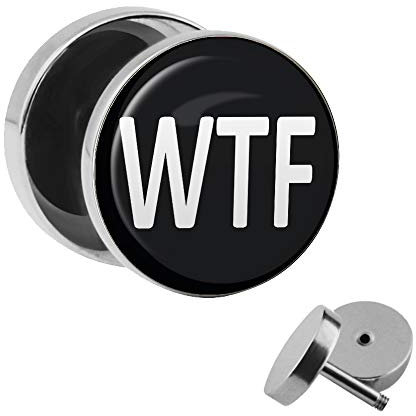 Treuheld | Ohrstecker zum Schrauben - WTF - What The Fuck - schwarz-weiß - Ø 10mm Silber - Motiv Fake-Plug Edel-Stahl Ohr-Ringe - Chirurgen-Stahl 316L Fake-Tunnel - Gewinde Ohr-Stecker - Da F***