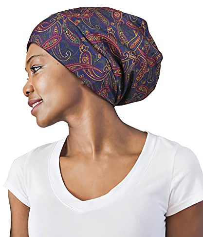 FocusCare Mit Satin gefütterte Schlafmütze für Damen mit krausem, lockigem Haar, Schwarz/Gelb gestreift