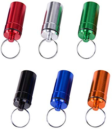 Mini Pillendosen Aluminium Pillenbox mit Schlüsselbund Wasserdichte Tablettenbox Tragbar Pillen-Dose Perfekt für Outdoor-Nutzung Angeln Camping Wandern Reisen 6 Stück（6 Farben）