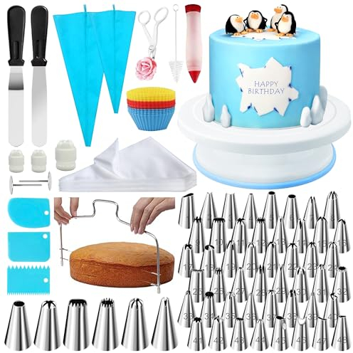 Nifogo Kit de Repostería y Pastelería 181PC, Base Giratoria, Manga Pastelera Profesional, Decoración de Pasteles 54 Boquillas Torta, Plato Giratorio para Tartas, Acero Inoxidable, Beige