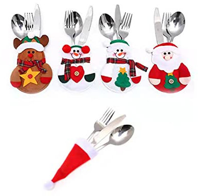Porte-Couverts de Noël, Porte-Couverts Bonhomme de Neige,Décoration de Table de Noël Père Noël ,Decoration de Table Fournitures pour Couteau Fourchette-5 PCS