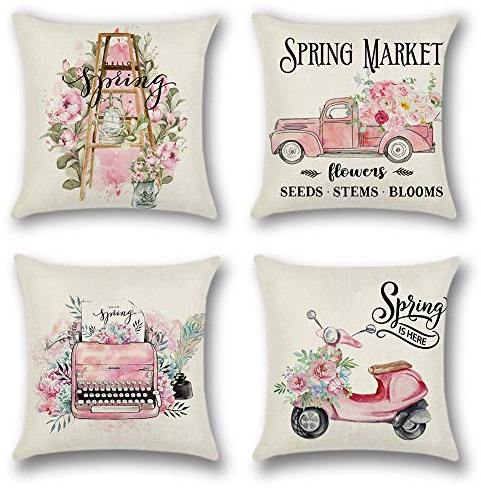 Artscope 4er-Set Dekorativ Kissenbezug 45 x 45 cm, Polyester Leinen Kissenbezüge Dekokissen Kissenhülle Set Kissen Fall für Sofa Auto Schlafzimmer Zuhause Dekor (Frühling Set C)