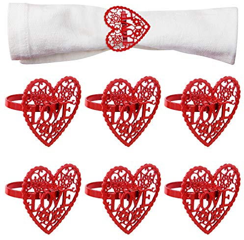 FEPITO 6Pcs Valentinstag Herz Serviettenringe Aushöhlen Rot Herz Serviettenringe Tischdekoration Herz Serviettenhalter für Valentinstag Party, Hochzeit, Jubiläum