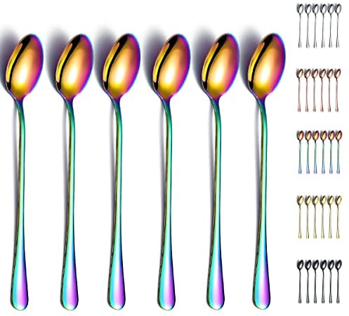 Cuillère glacée arc-en-ciel, Kyraton cuillère à mélanger à long manche en acier inoxydable de 7,5 avec placage de titane coloré, cuillère à cocktail, cuillère à café au lait Paquet de 6