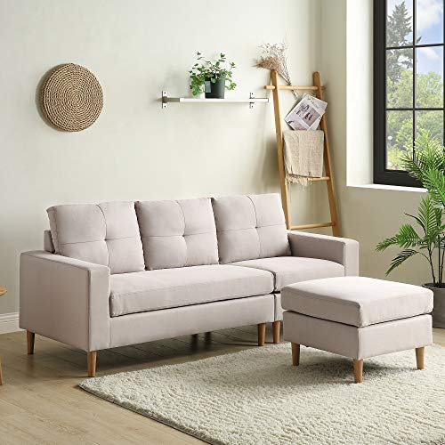L Shaped Modern Linen Fabric Sofa Couch with Chaise - 3 Seater, Small Space Apartment (Beige)