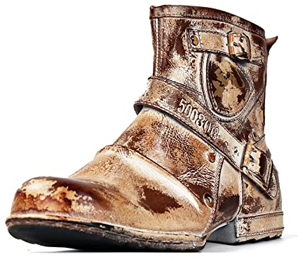OSSTONE Herren Stiefel aus Rindsleder Lederstiefel mit Gummisohle Biker Boots mit Reißverschluss Männer Stiefeletten OS-5008-1-Caramel-10