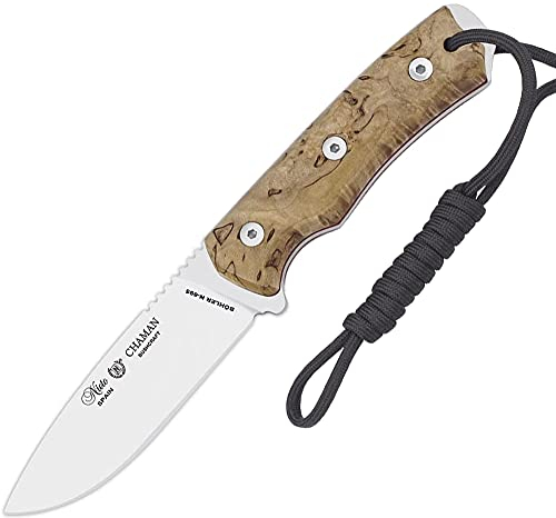 MIGUEL NIETO Cuchillo Chaman Bushcraft 139-A Hoja de 10,5 Acero Bohler Mango Madera natural de Abedul rizado y Funda de Cuero