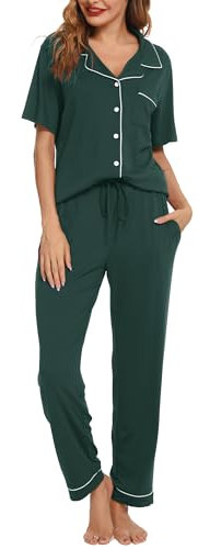 Lovasy Pyjamas for Women Soft Ladies Pyjamas Button Down Pjs for Women Sets Classic Womens Pyjamas Sets Pajamas Loungewear with Pockets,Green,L