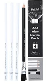 BRUSTRO Artists White Charcoal Pencil Set | 5mm, Set of 3 + 1 Pencil Eraser | Ideal for Students,Adults, School,Office use, Charcoal works, Sketching, Shading, Blending, Drawing, Art, Craft, Non-toxic