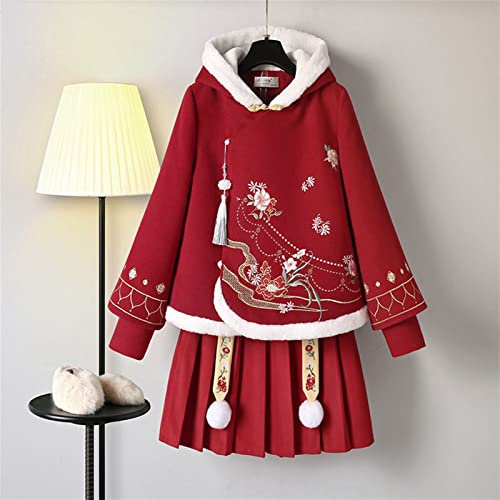 Frauen Hanfu Winter gestickter Hoodie Plissee Rock Cosplay Kostüm (Color : 2 Pcs Set, Size : M 40kg-50kg)